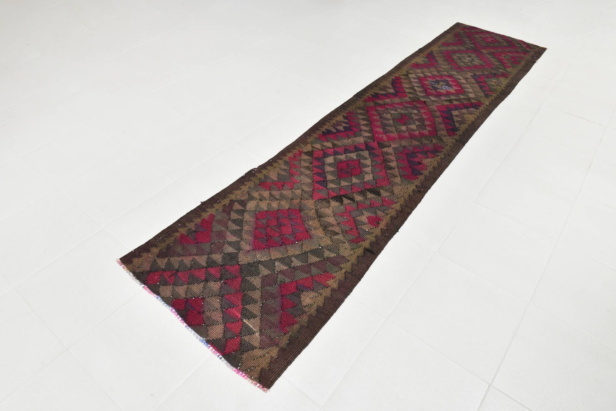 Burgundy Geometric Tribal Kilim Runner Rug, 80x342Cm