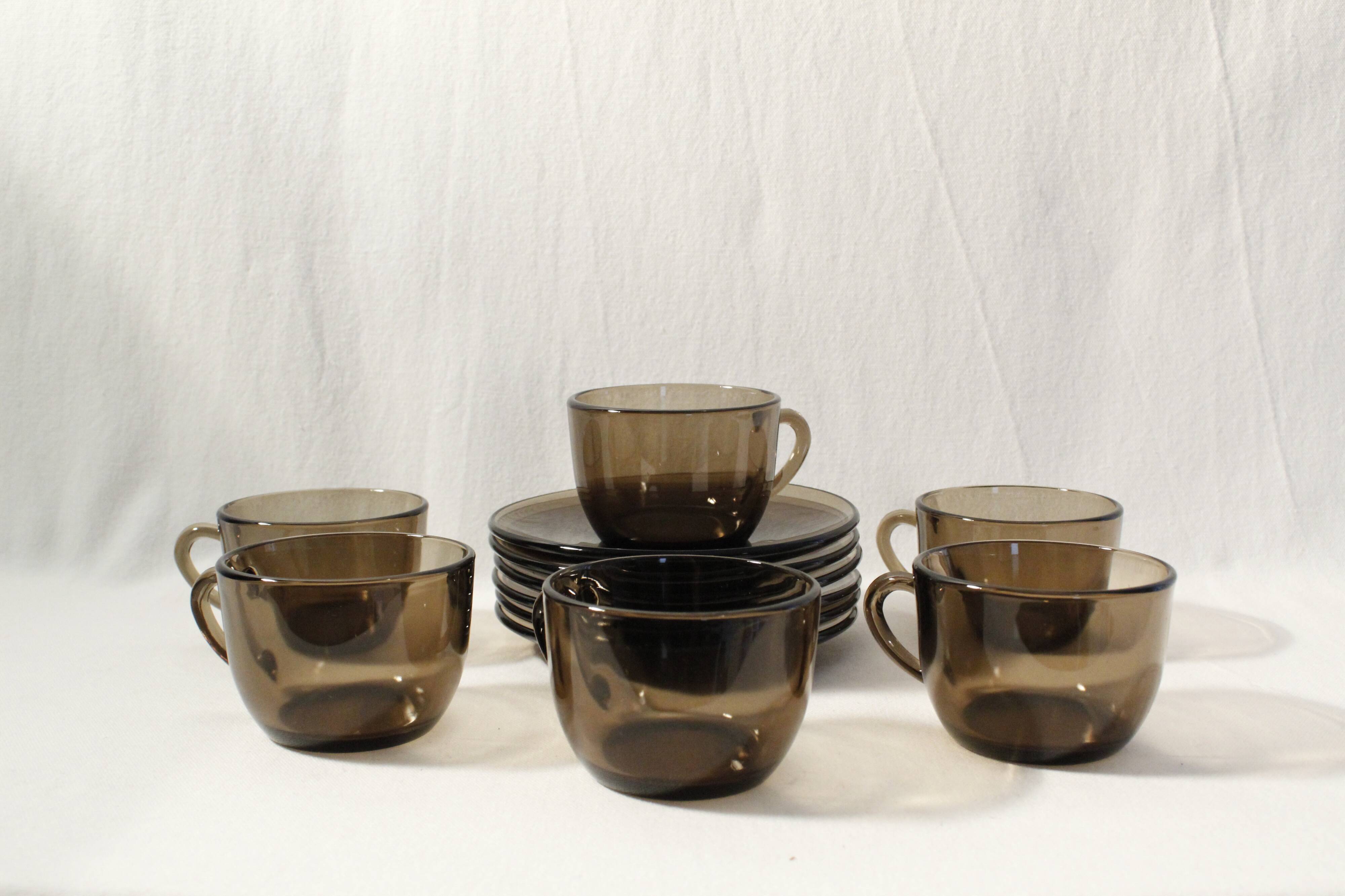 Set of 6 coffee cups and vintage saucers Vereco brown smoked glass