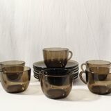 Set of 6 coffee cups and vintage saucers Vereco brown smoked glass