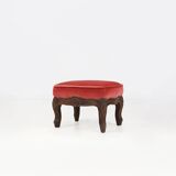 Baroque style foot stool in carved wood with coral velvet upholstery
