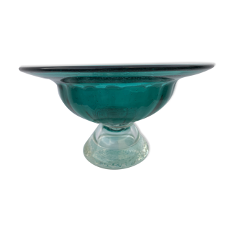 Compotier or fruit cup on foot in green glass, blown and bubbled