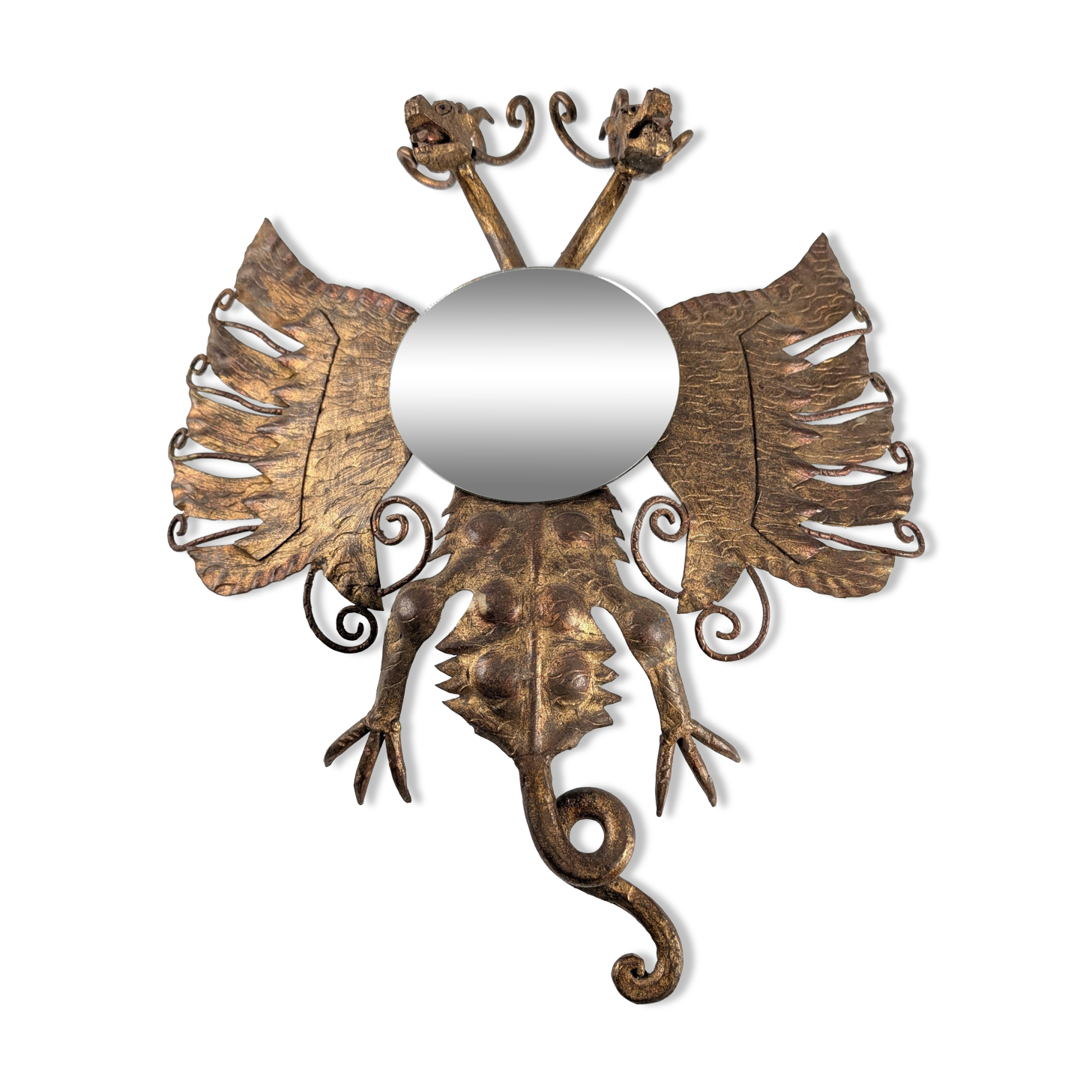 Spanish Neogothic Style Gilded Iron Mirror with Two-Headed Dragon