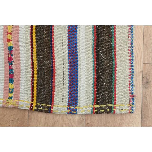 Turkish Vintage Striped Brown Blue Kilim Runner Rug 145x324