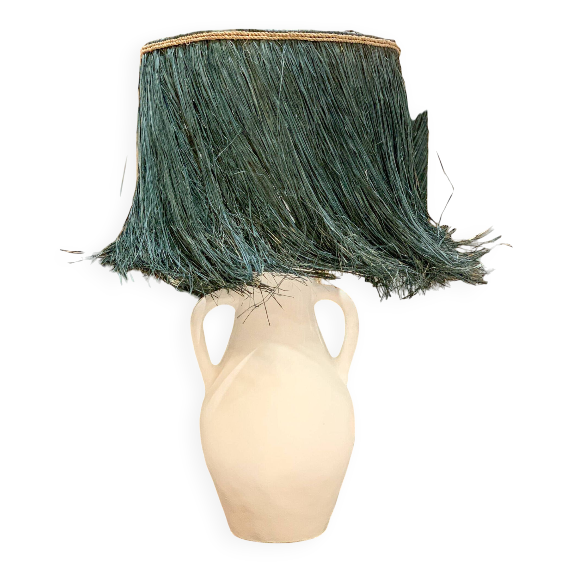 White terracotta lamp and blue raffia lampshade
