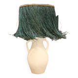 White terracotta lamp and blue raffia lampshade