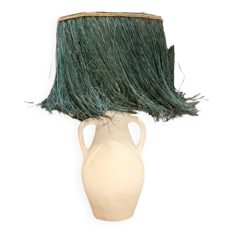 White terracotta lamp and blue raffia lampshade