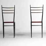 Fine set of metal dining chairs with red leather seating, Italy 1970s