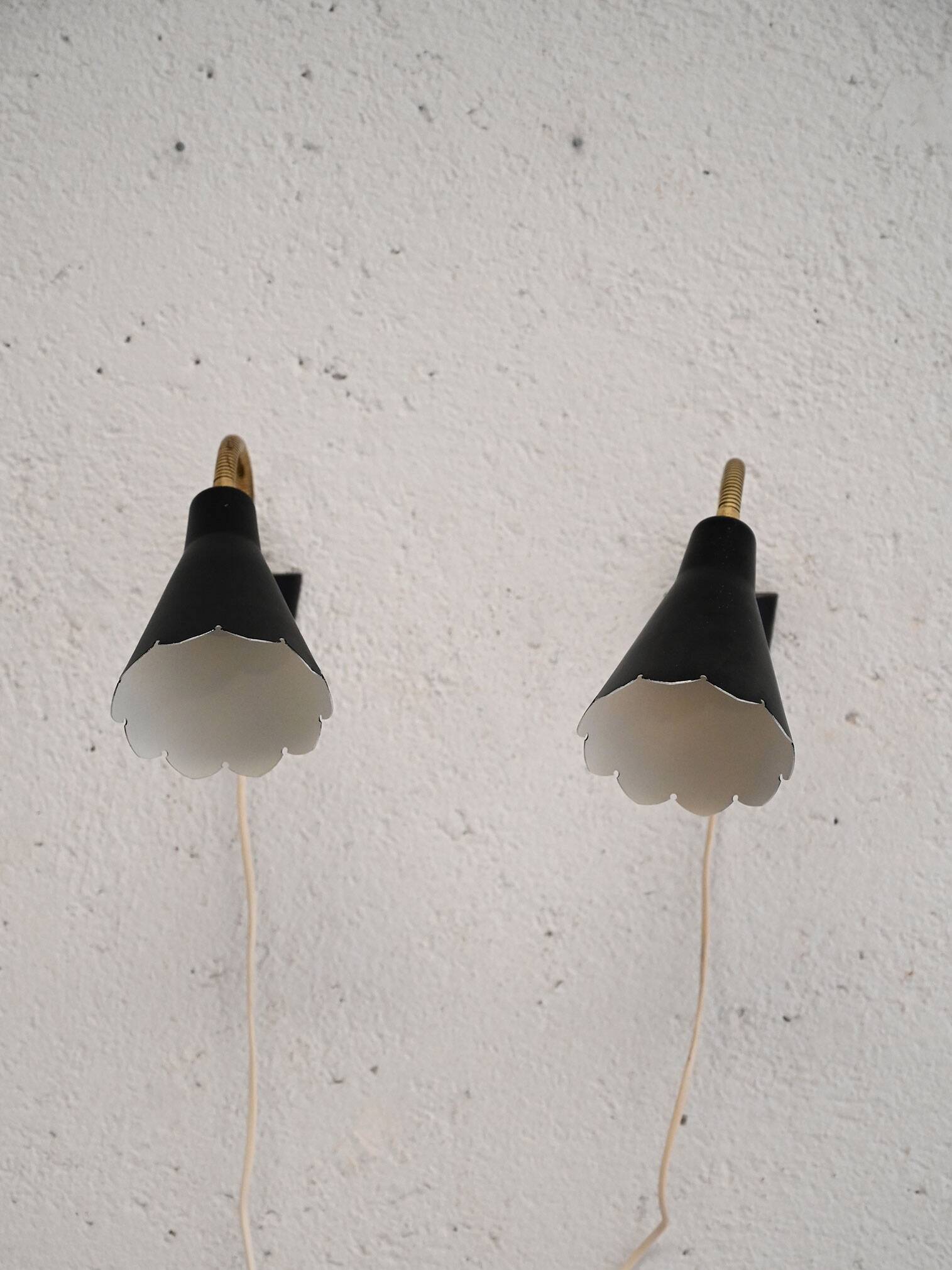 Pair of 1950s/60s Black Scandinavian Wall Lamps