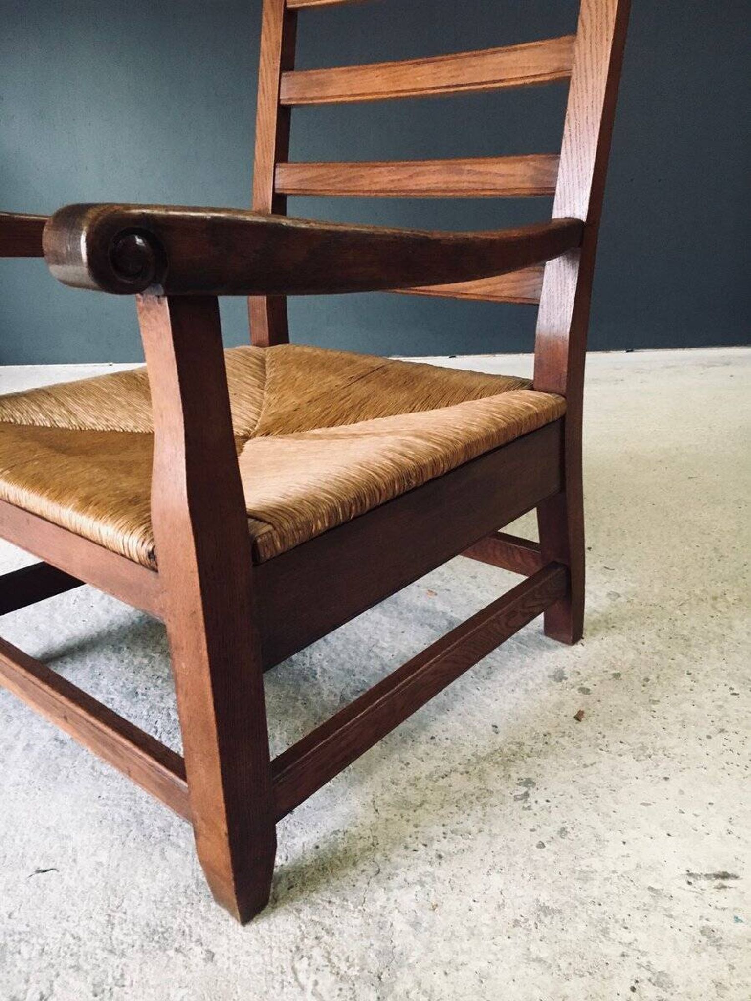 Rustic Oak & Rush Armchair, France, 1930s