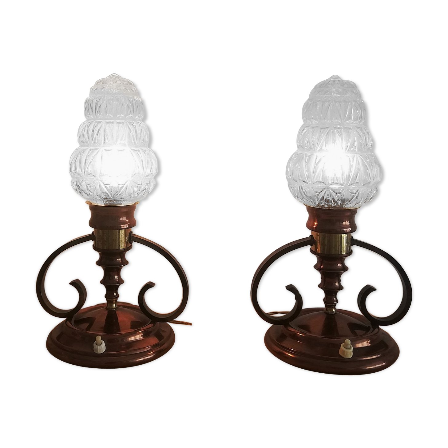 Pair of Ar Nouveau style copper and crystal table lamps vintage 1950s 50s