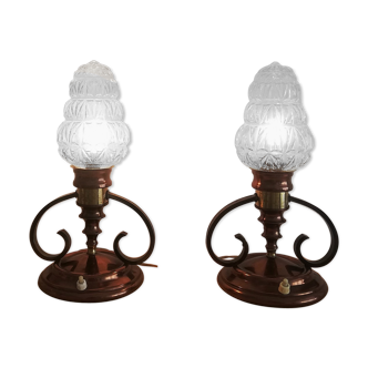 Paire de lampes de table en cuivre et en cristal de style ar nouveau vintage années 1950 50