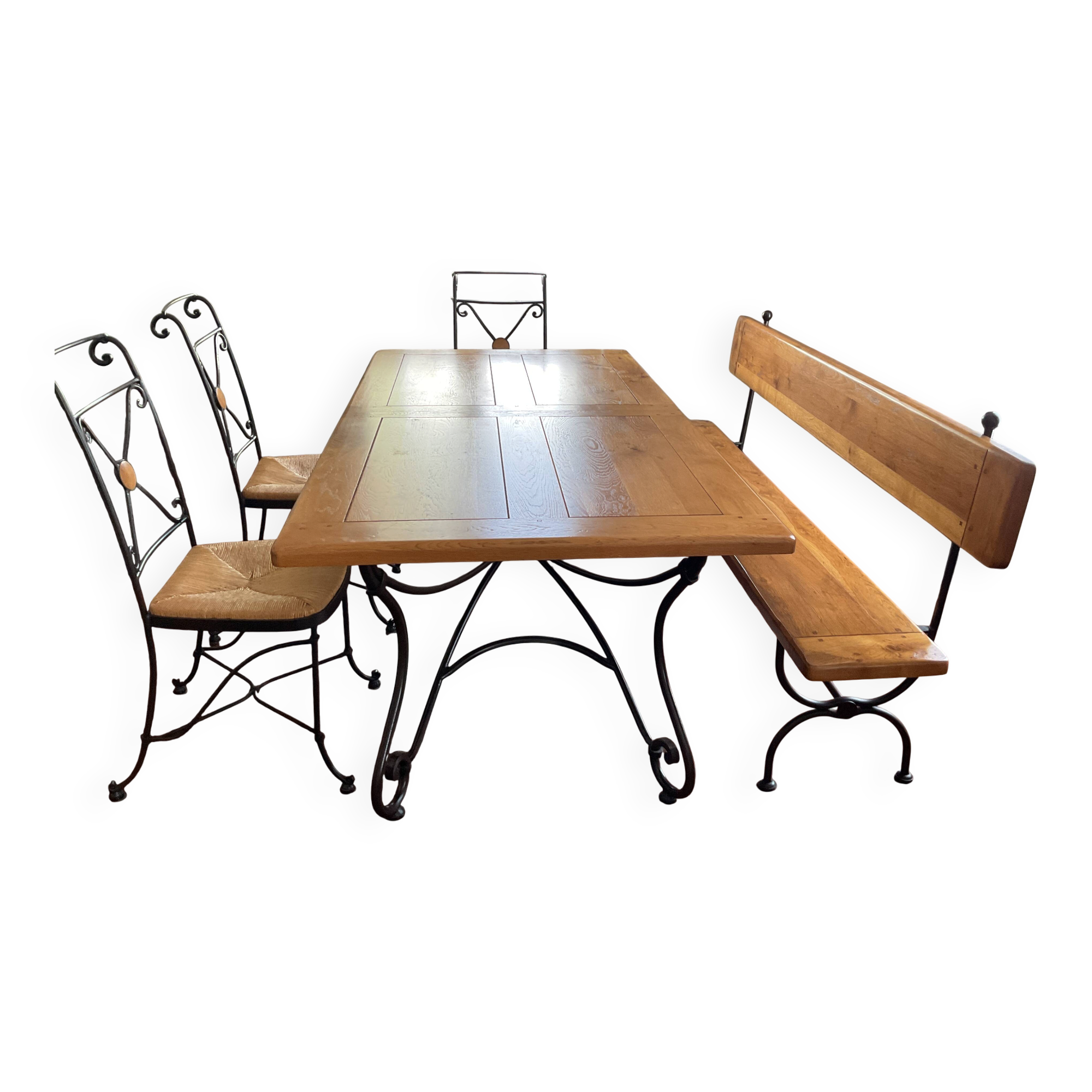 Dining set (two chairs, one armchair, one bench, and one table)