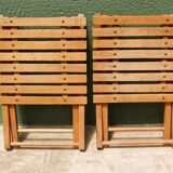 Pair of folding slatted wood stools