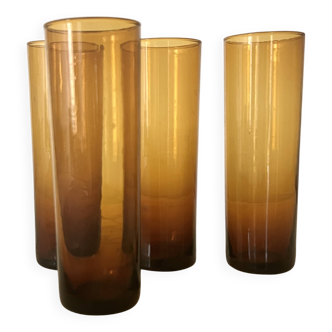 Service de 4 verres orangeade marron fumé ambré, France 1970