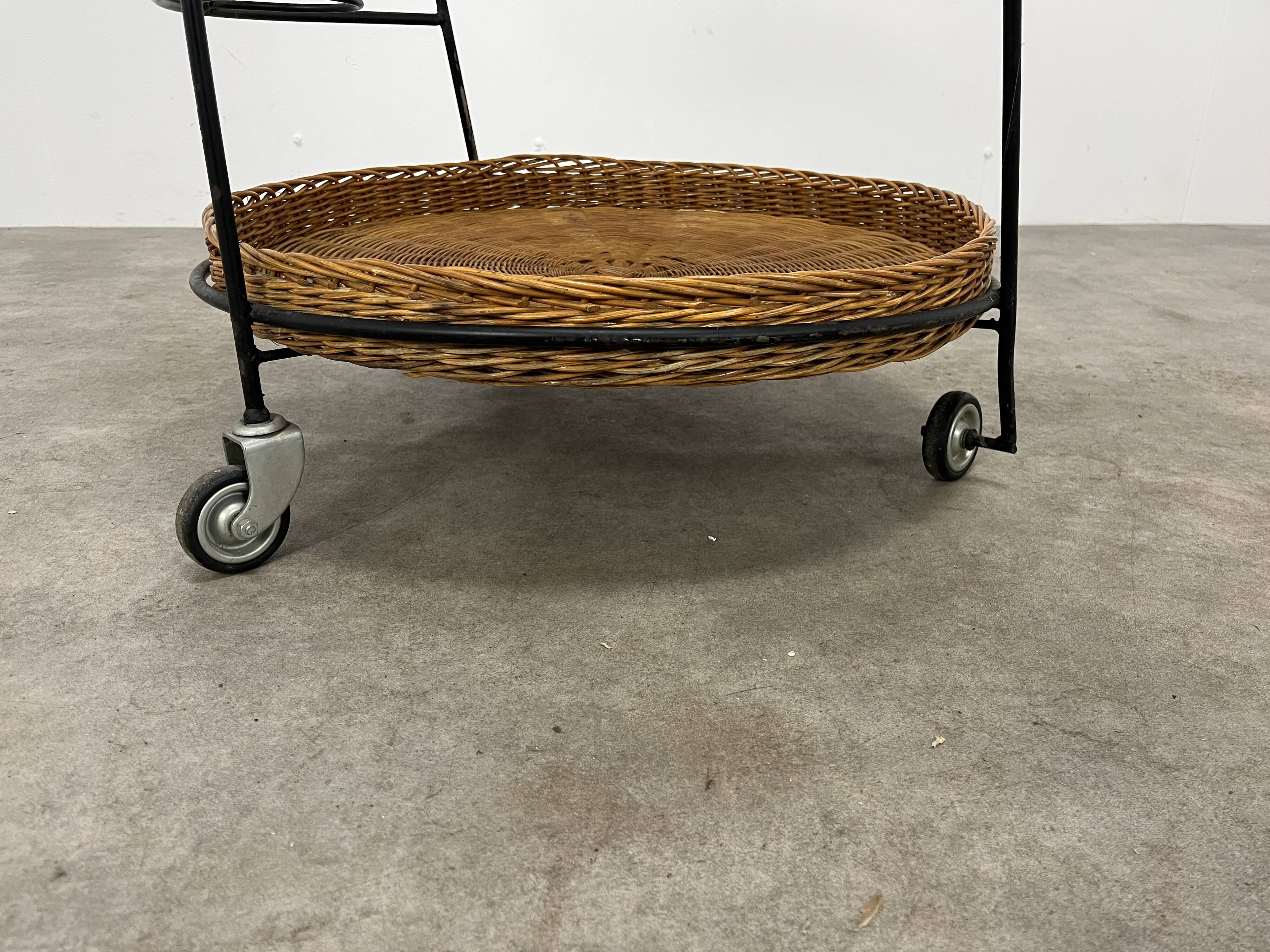Raoul Guys style metal and rattan serving trolley from the 50s