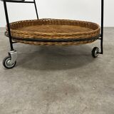 Raoul Guys style metal and rattan serving trolley from the 50s