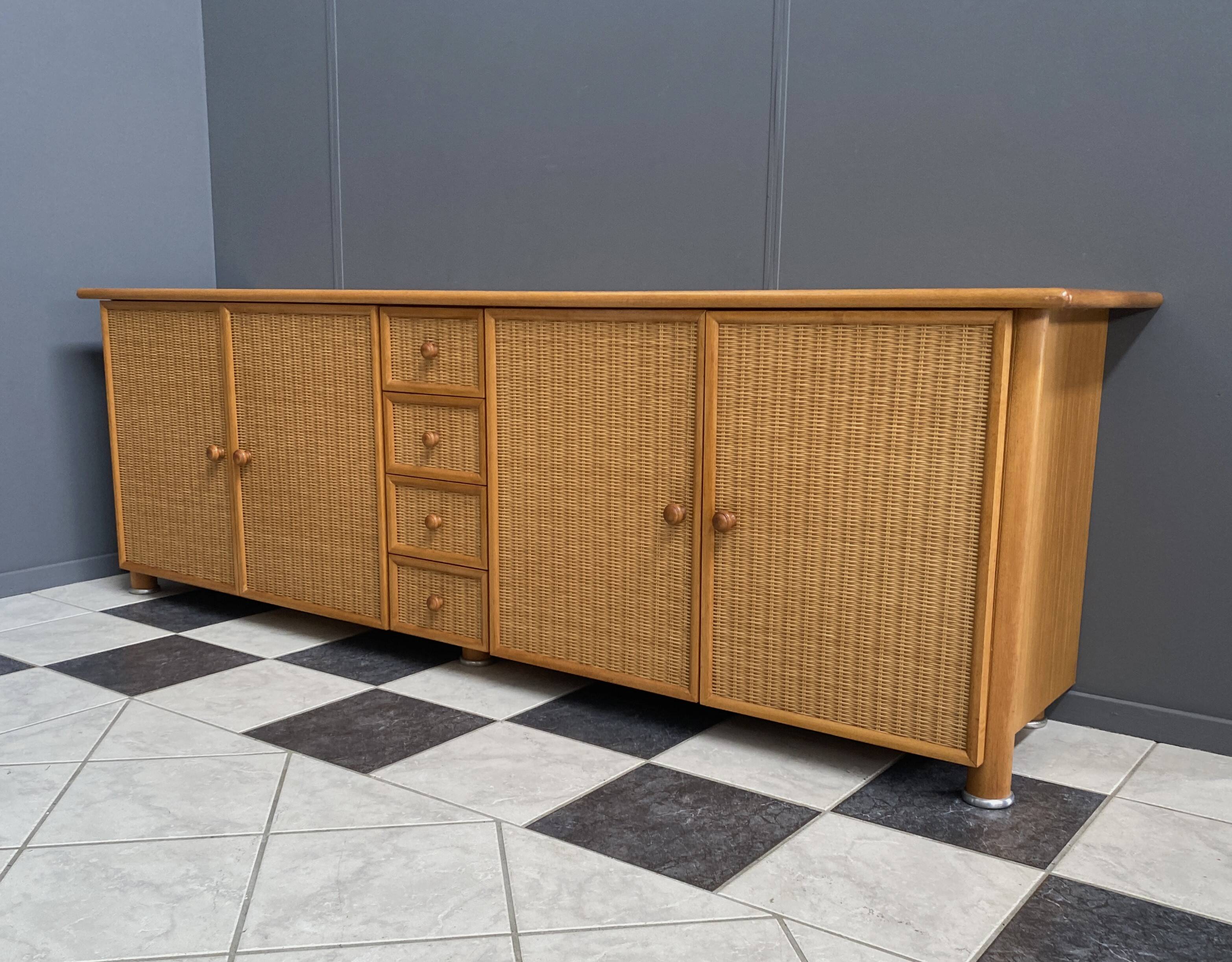 Large blonde Wicker & wood webbing sideboard