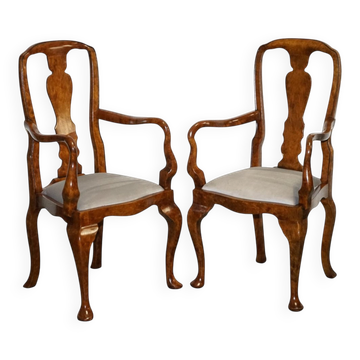 Art Deco Queen Anne Style Armchairs in Walnut Burl, 1920s, Set of 2