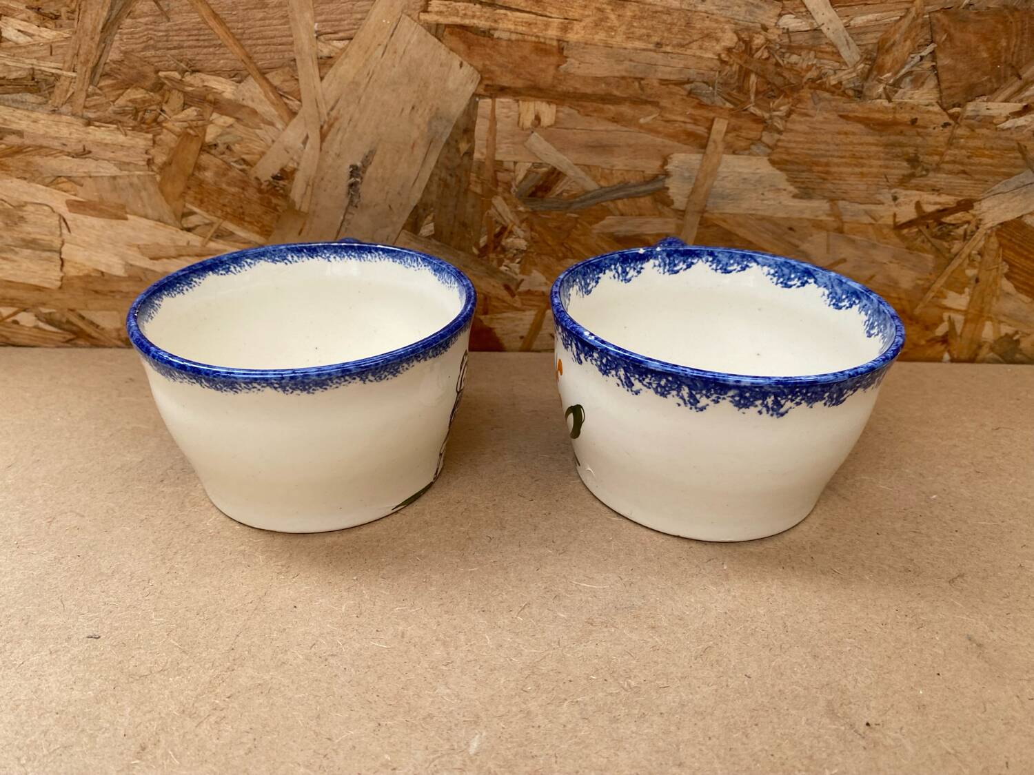 Pair antique quimper cb ceramic beige blue france cup #b287