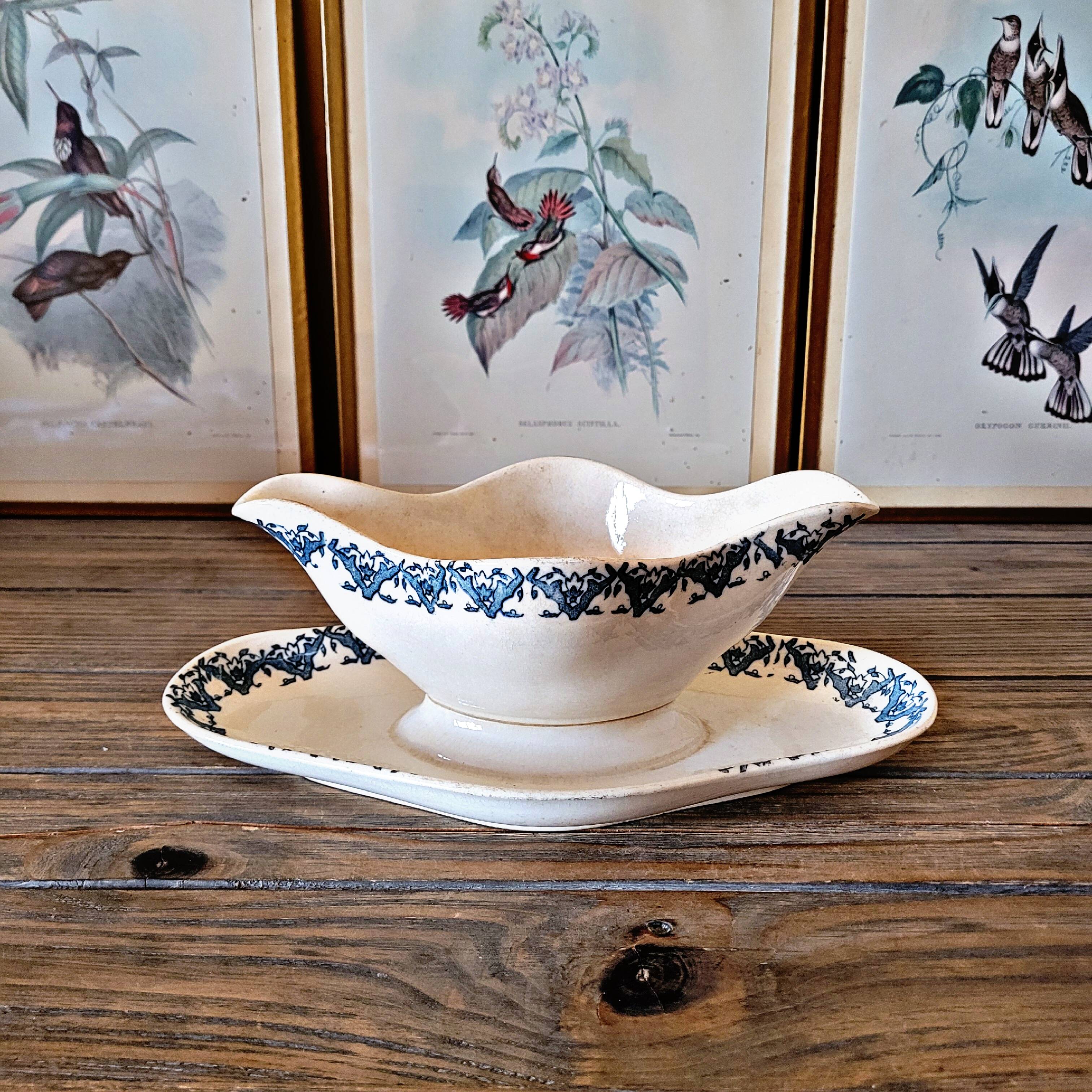 Longwy ironstone Rhodes sauceboat, late 19th century, blue decoration