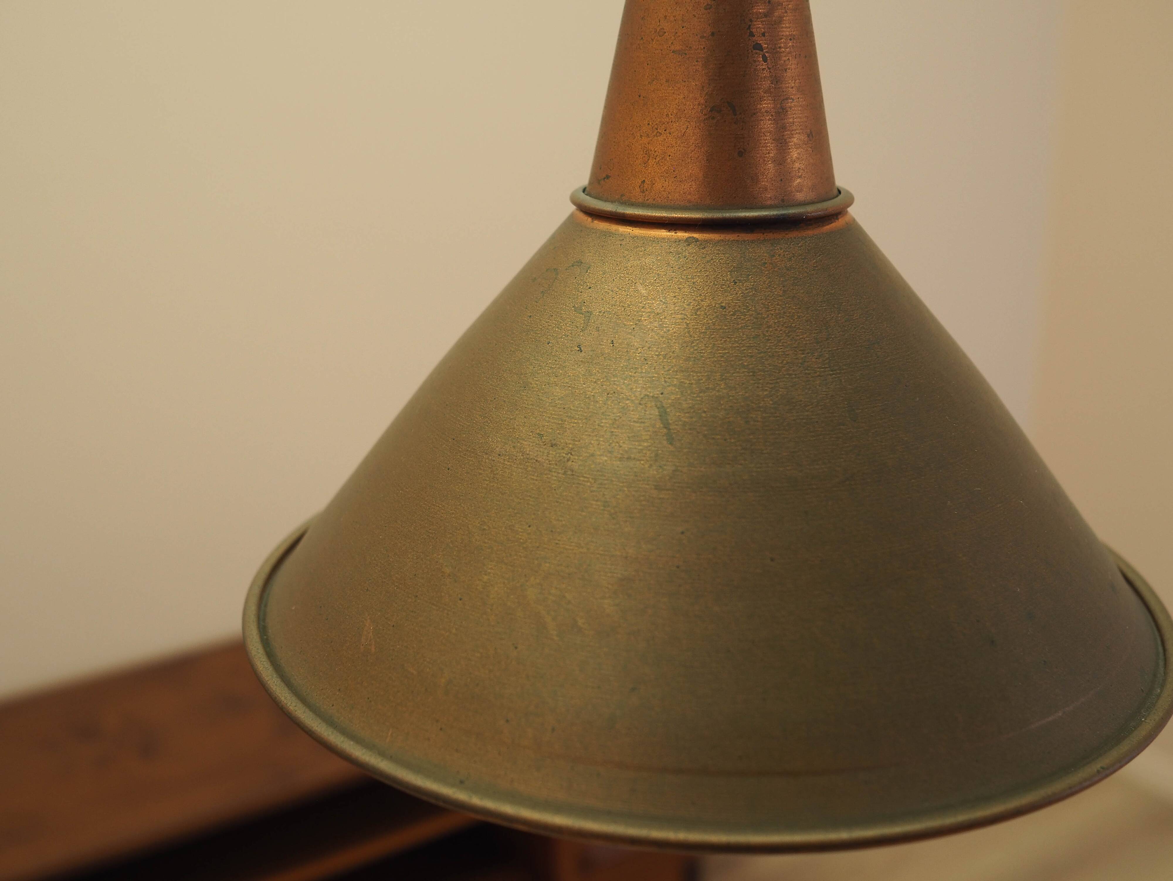 Danish Brass Pendant Lamp, Industrial Cone Shade, 1960s