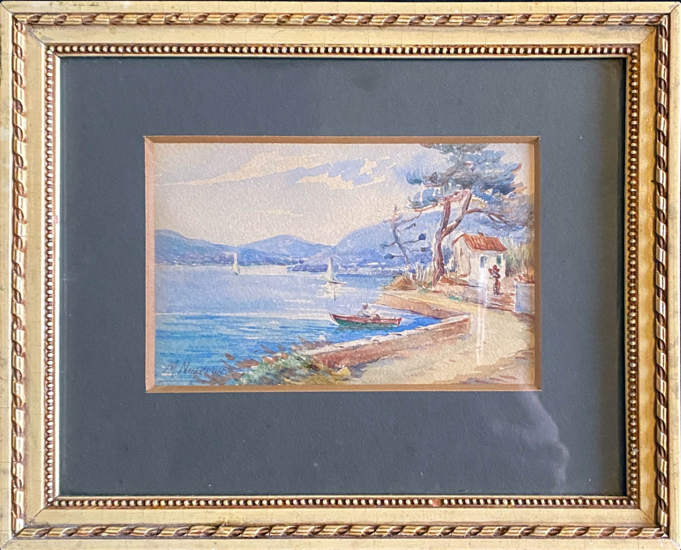 Painting "Mediterranean Seaside" Watercolor signed around 1920
