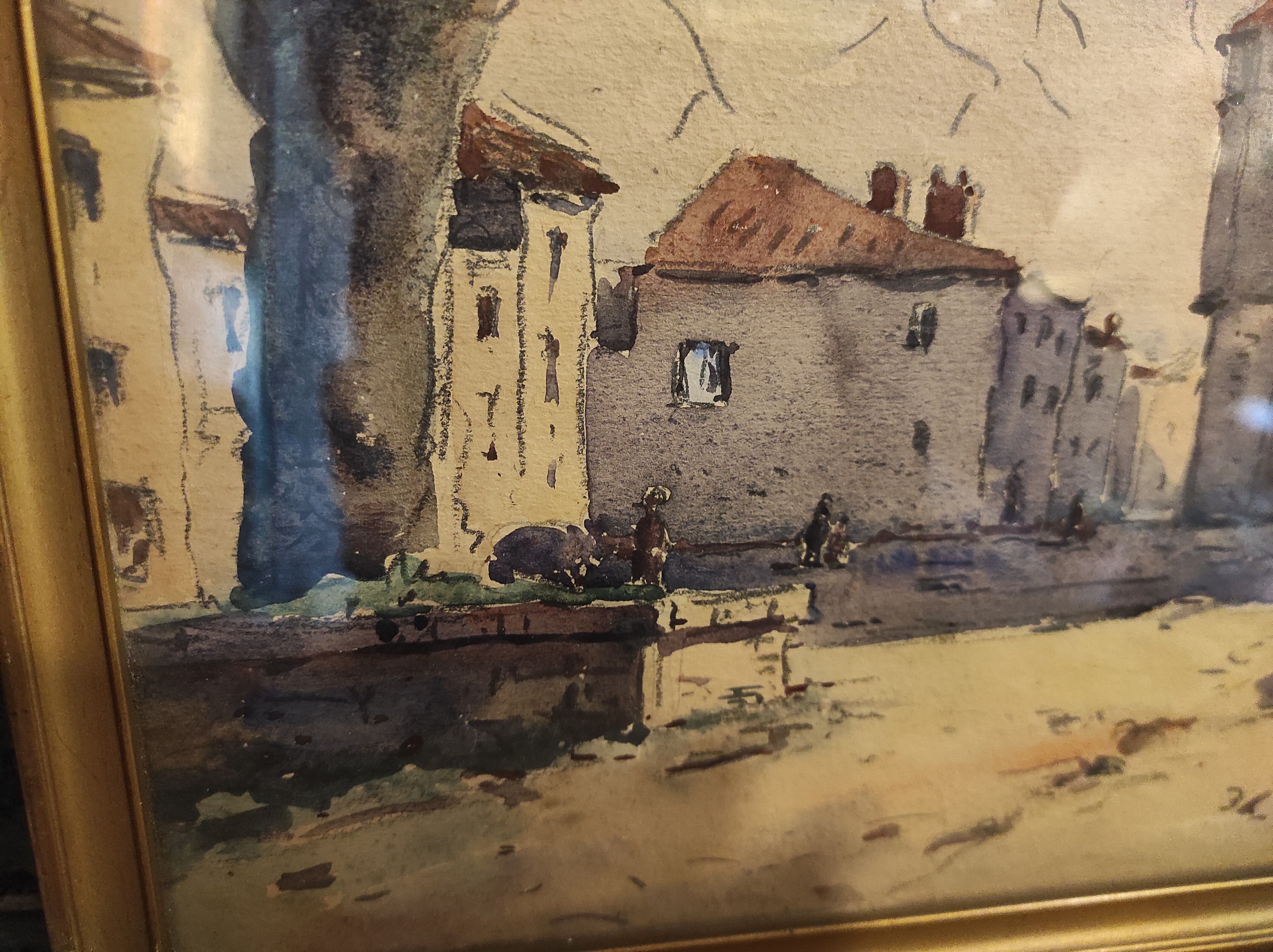 Vintage French watercolour of a village with a church, signed, from 1931