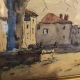 Vintage French watercolour of a village with a church, signed, from 1931