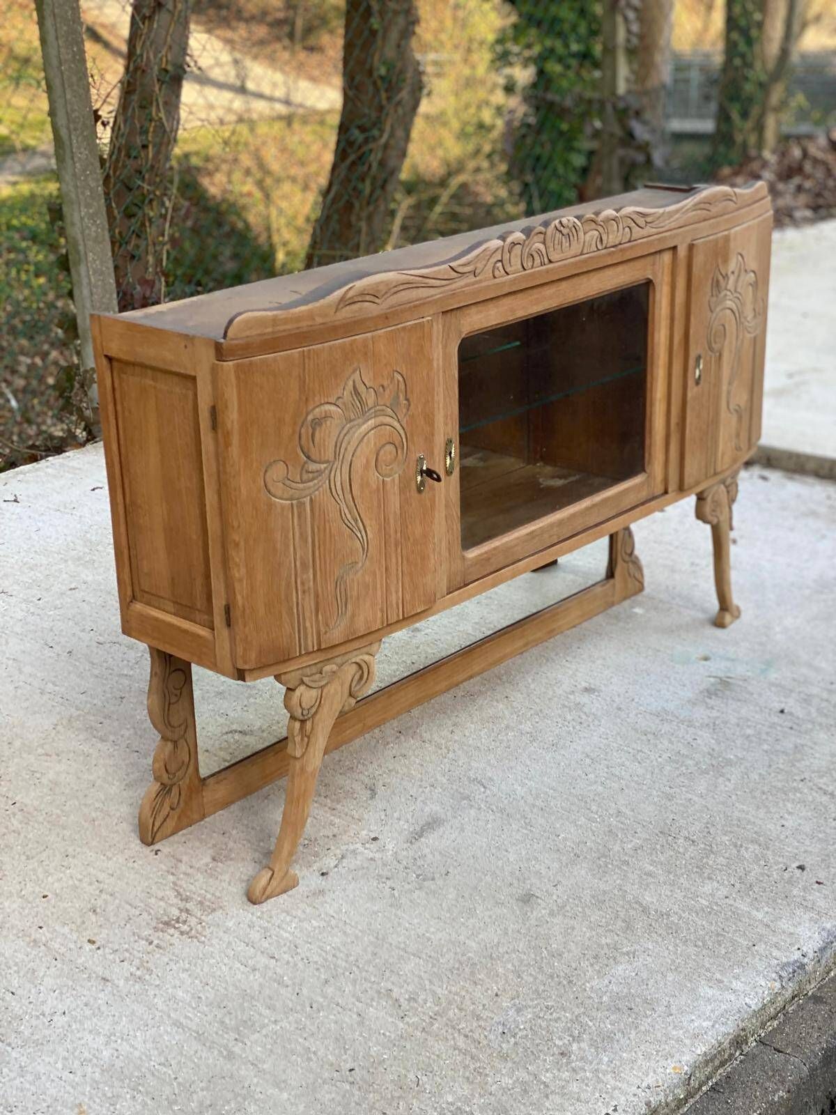 Parisian art deco 2-part buffet renovated in solid oak and marble 1940