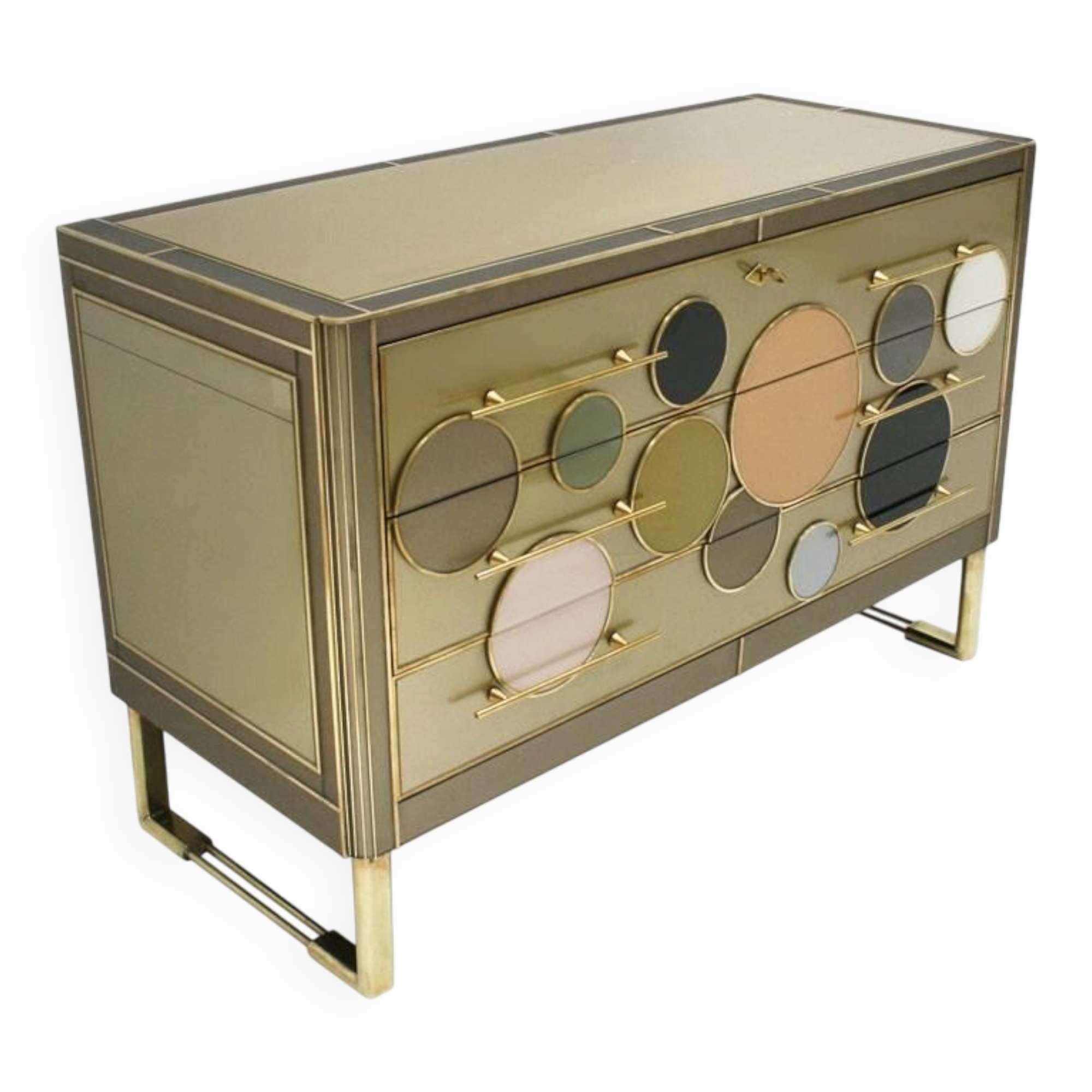 Mid-Century Modern Style Solid Wood Glass and Brass Large Italian Commode