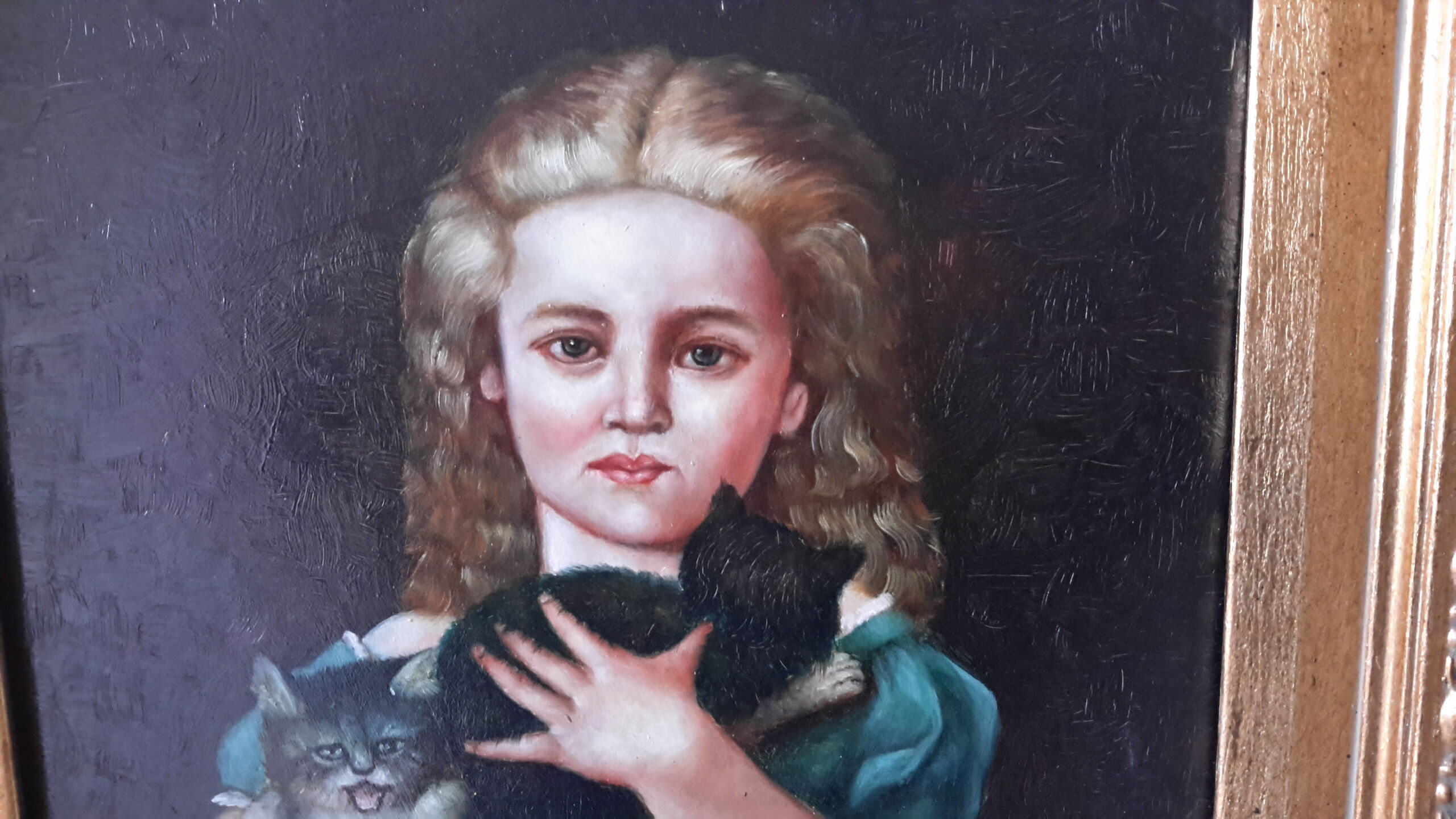 Oil on wood panel fine XIX th "The little girl with cats"
