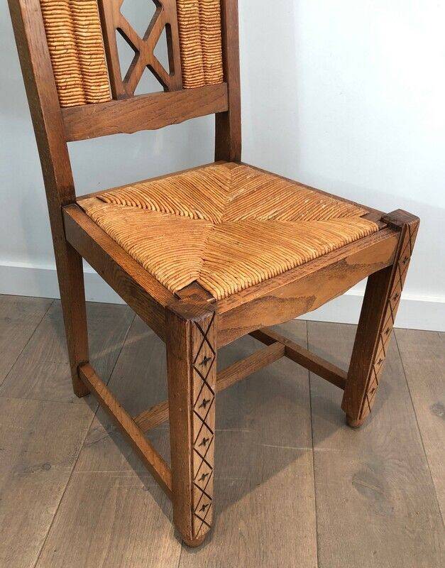 Lot de 6 chaises brutalistes en bois et rotin