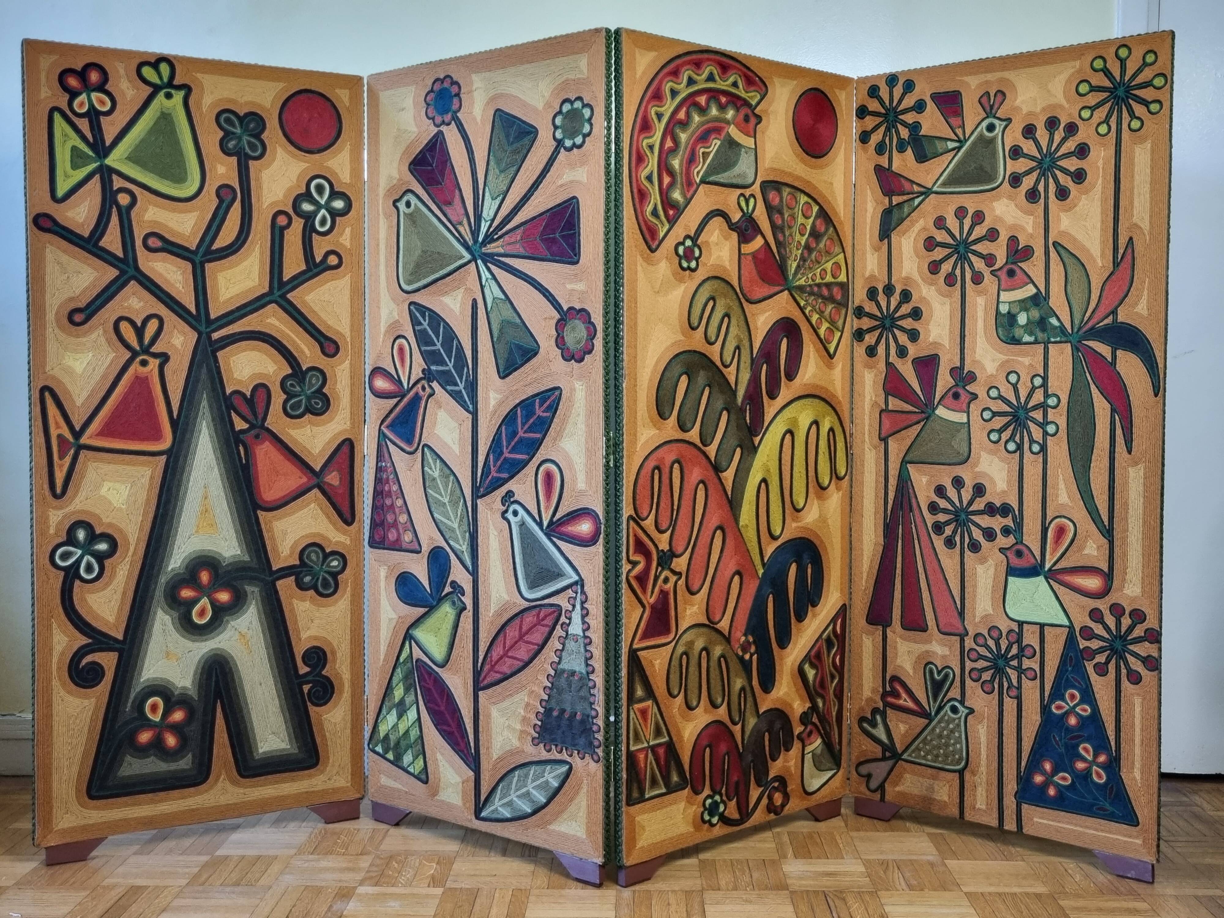 Screen decorated with wool threads, “Huichol” art, Sofia Ribeira, 124 cm