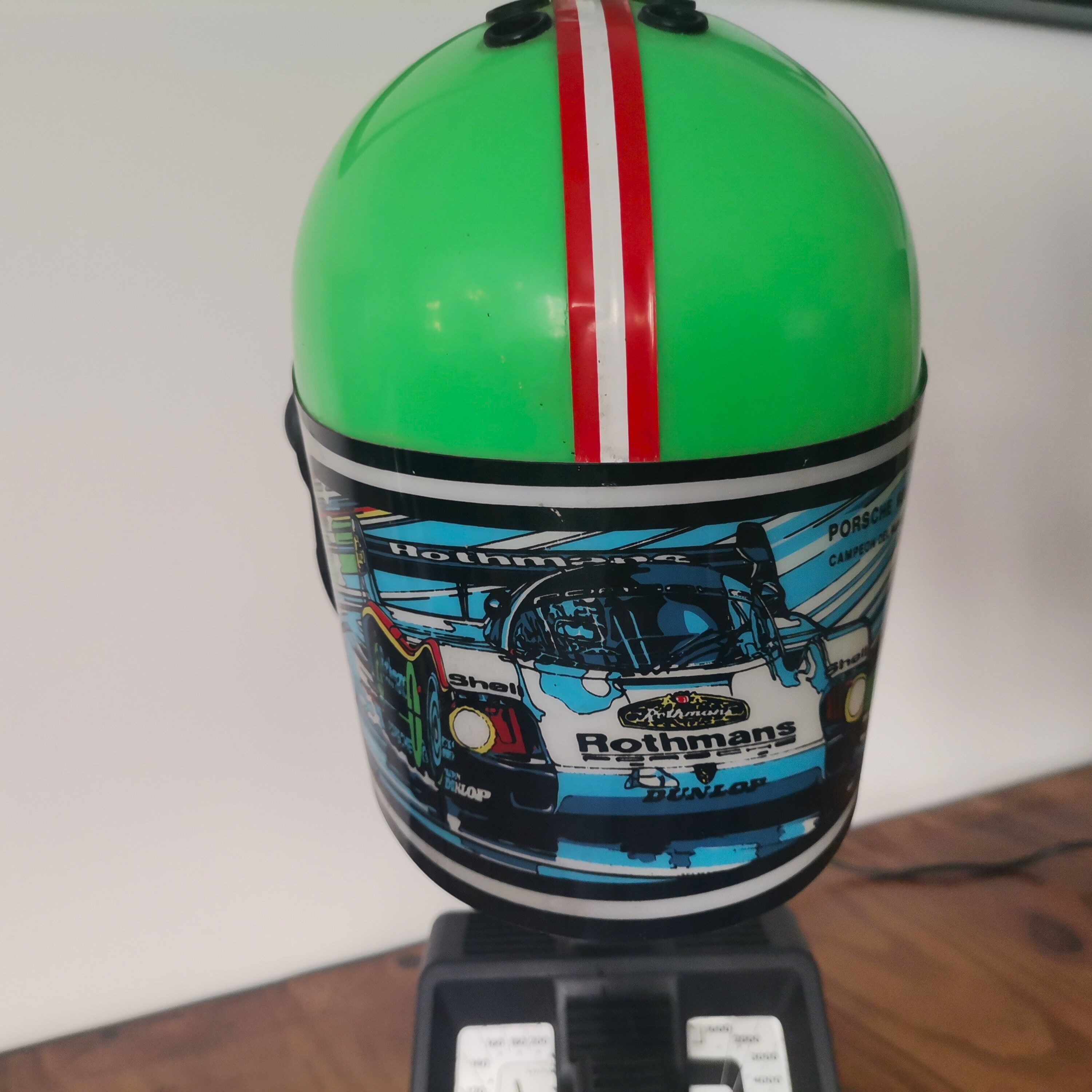 Pop Art green Rothmans Porsche Formula 1 Helmet table lamp by Fase 1970s