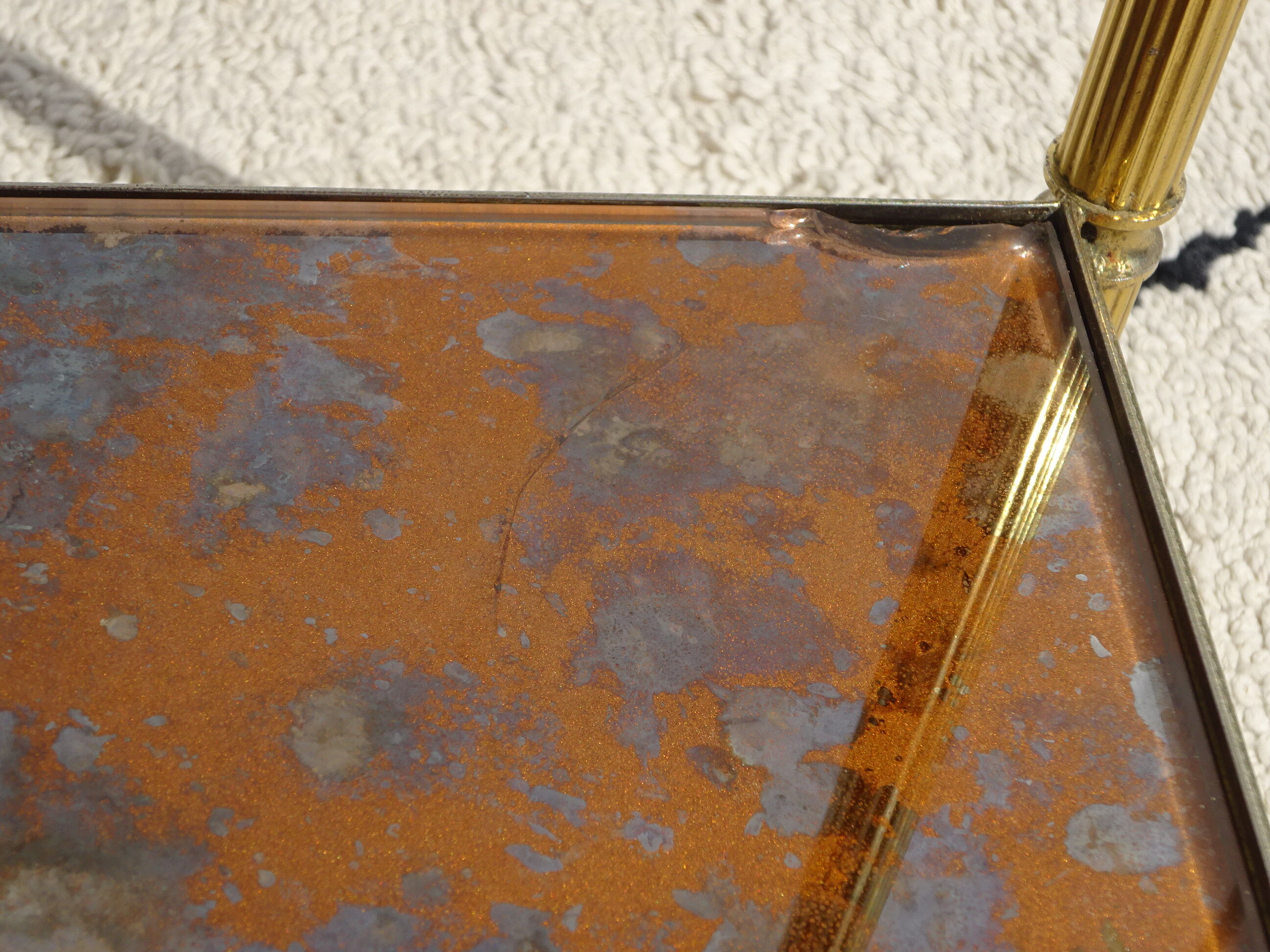 Pair of bedside tables in gilded brass and glass, midcentury