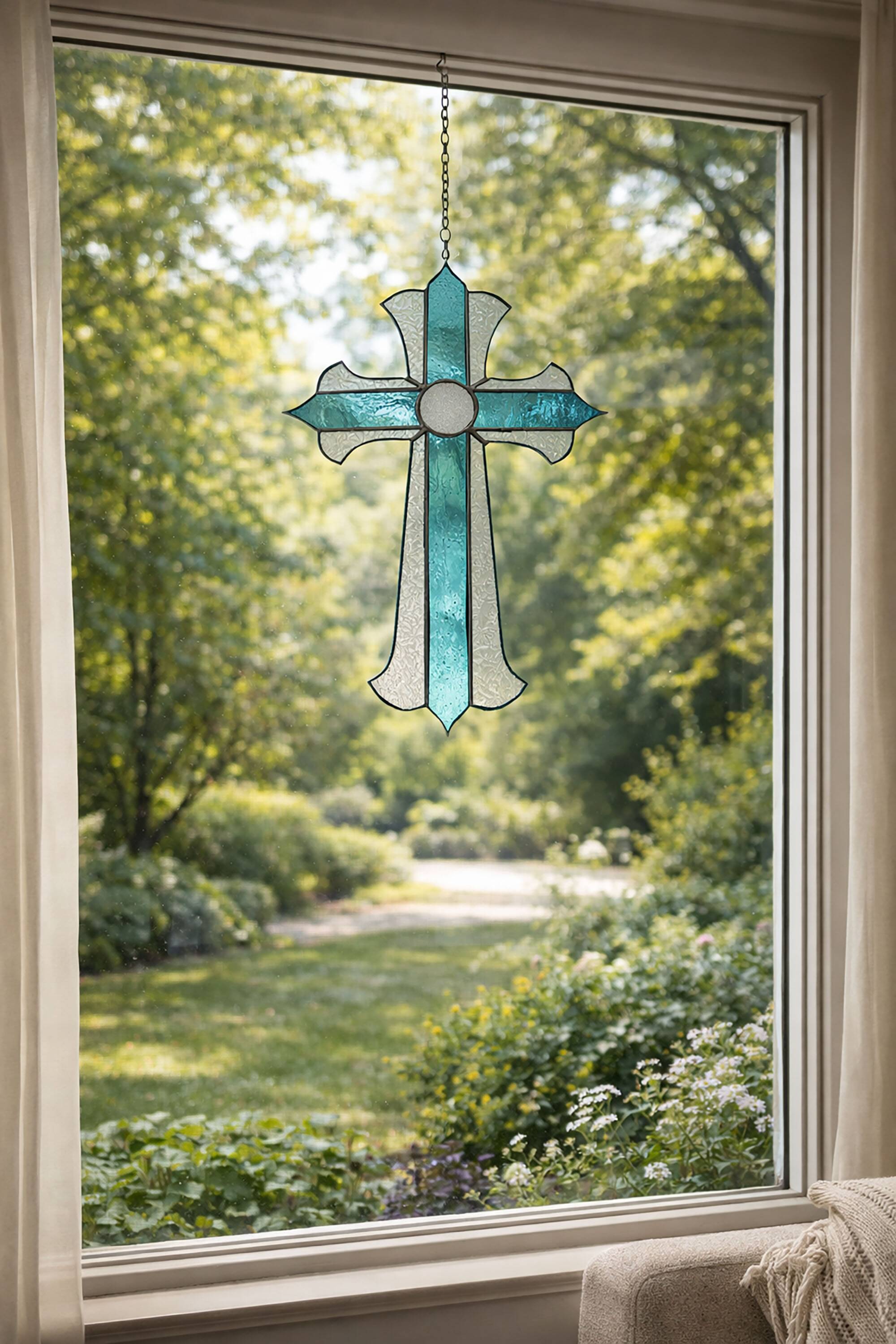 Croix en vitrail – Style Tiffany fait main, décoration murale