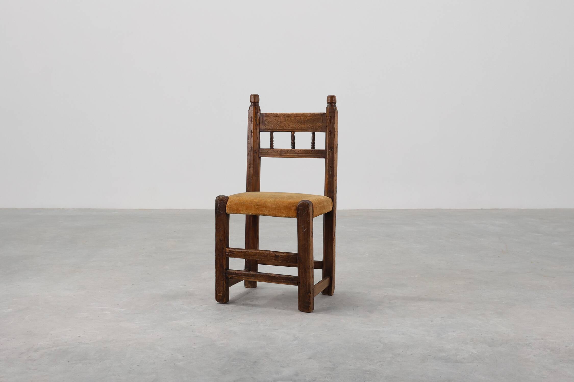 19th Century Spanish Hand-Carved oak Side Chair with Velour Seat