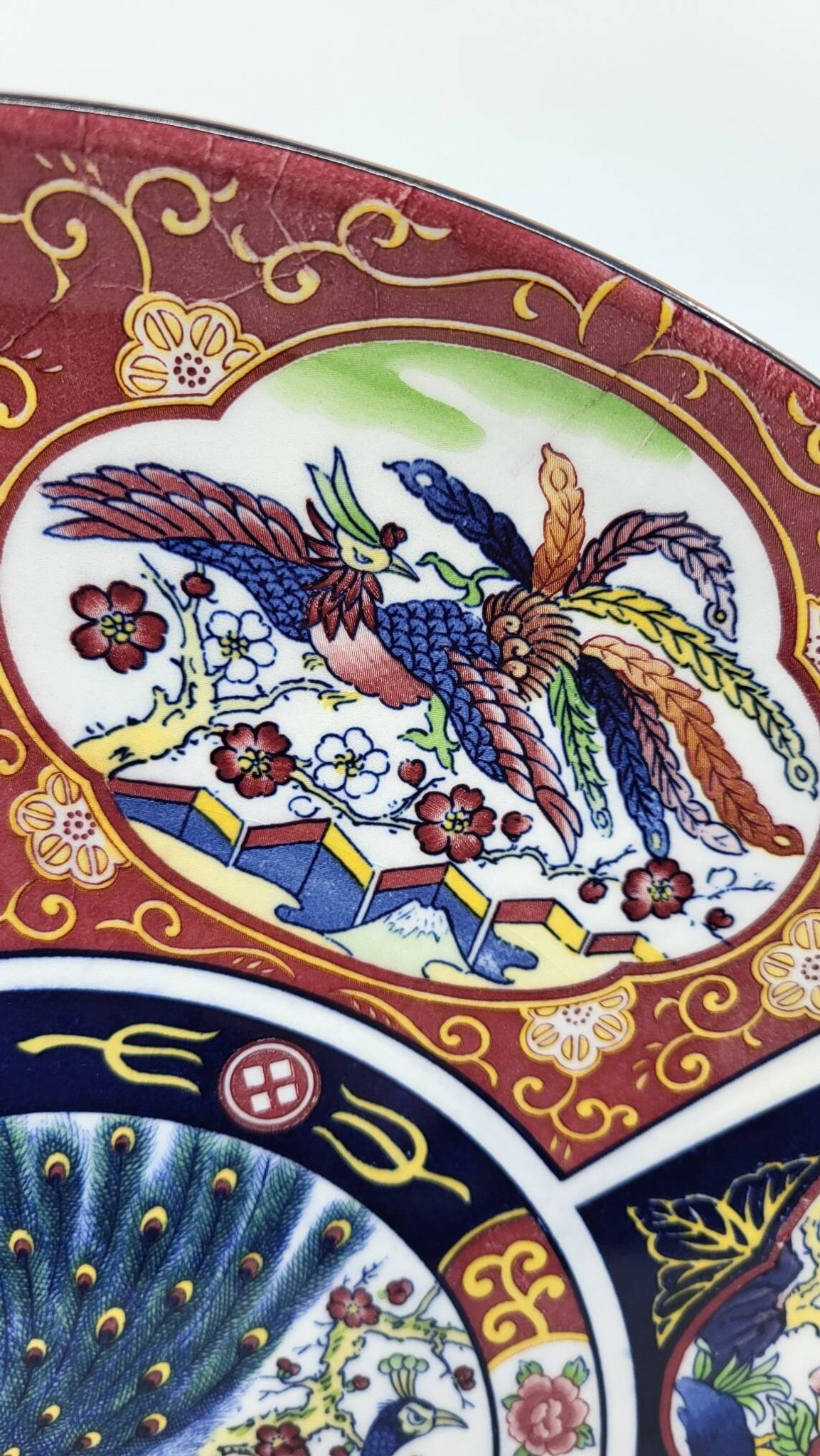 Large Chinese dish signed in Imari porcelain decorated with peacocks and flowers 1970 Vintage