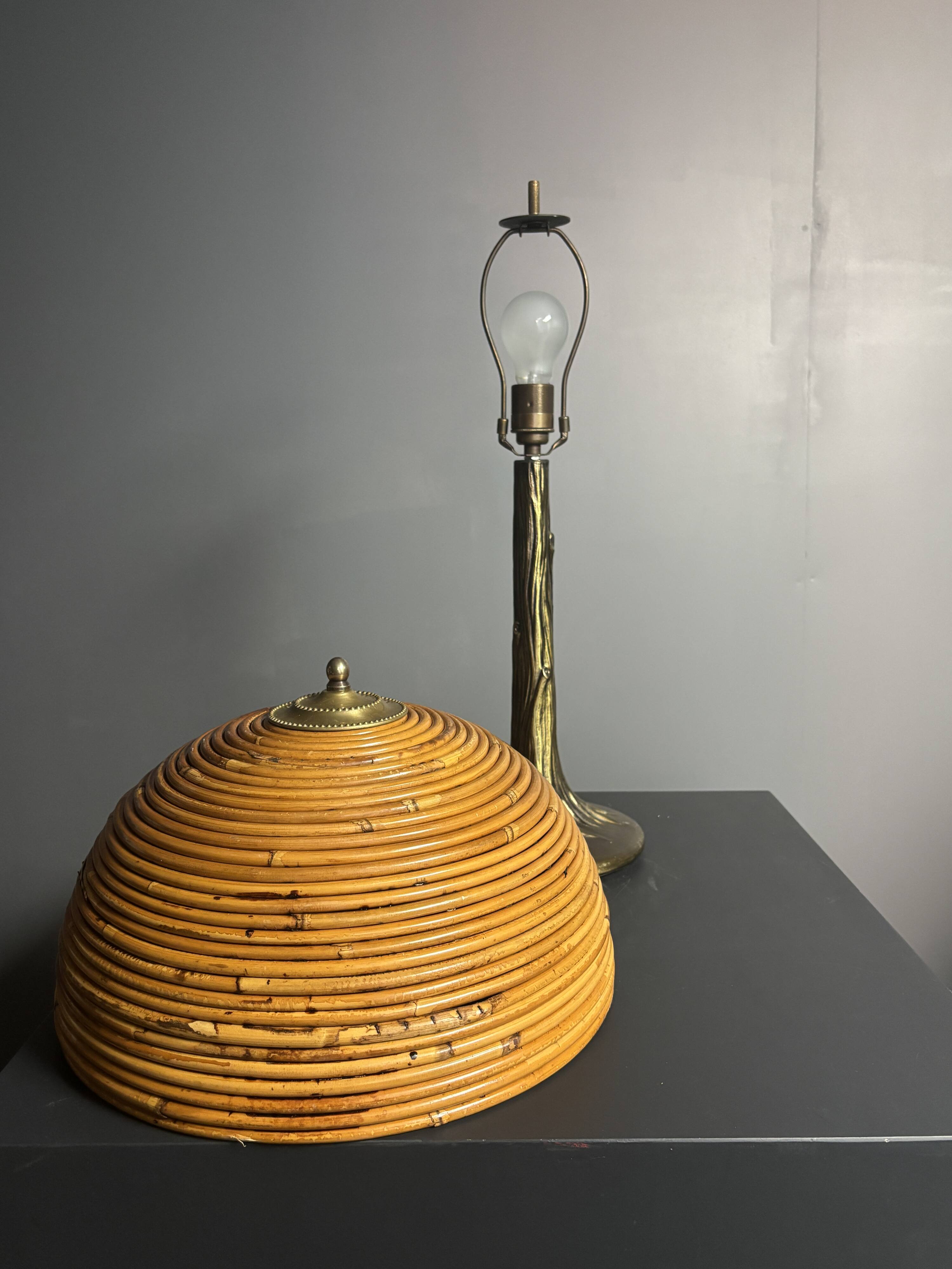 Mid-Century Pencil Reed Rattan Bamboo and Brass Table Lamp, 1970s