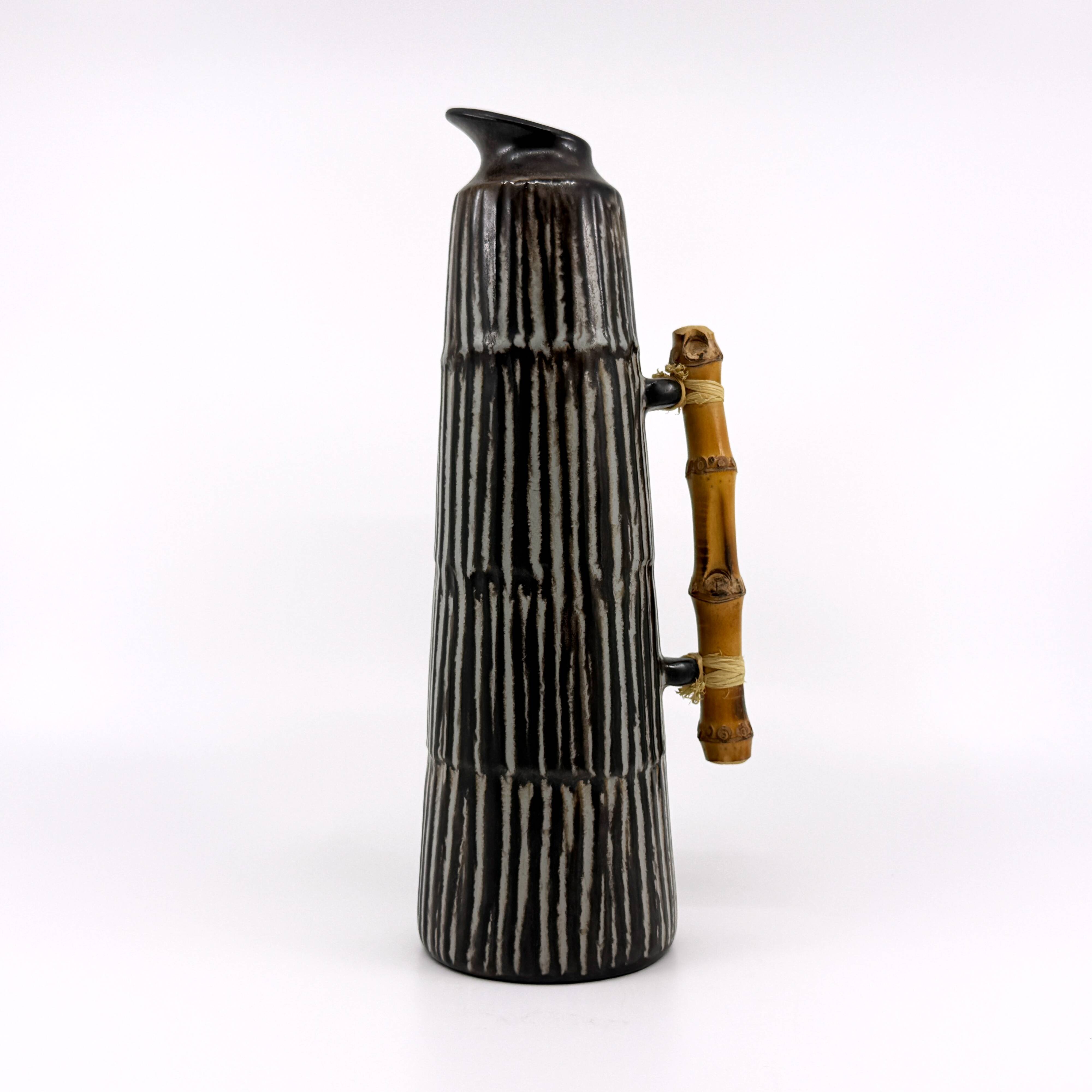 Vintage ceramic and bamboo pitcher vase • BR Keramik Denmark • 1960s