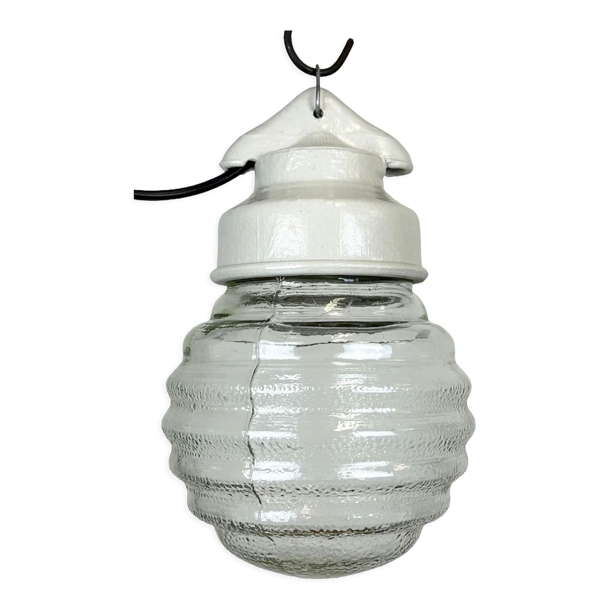 Industrial white porcelain pendant light with ribbed glass, 1970s