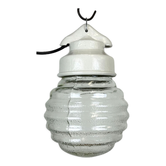 Industrial white porcelain pendant light with ribbed glass, 1970s