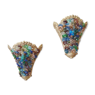 Paire d'appliques Murano vintage avec rosettes et grappes de verre coloré