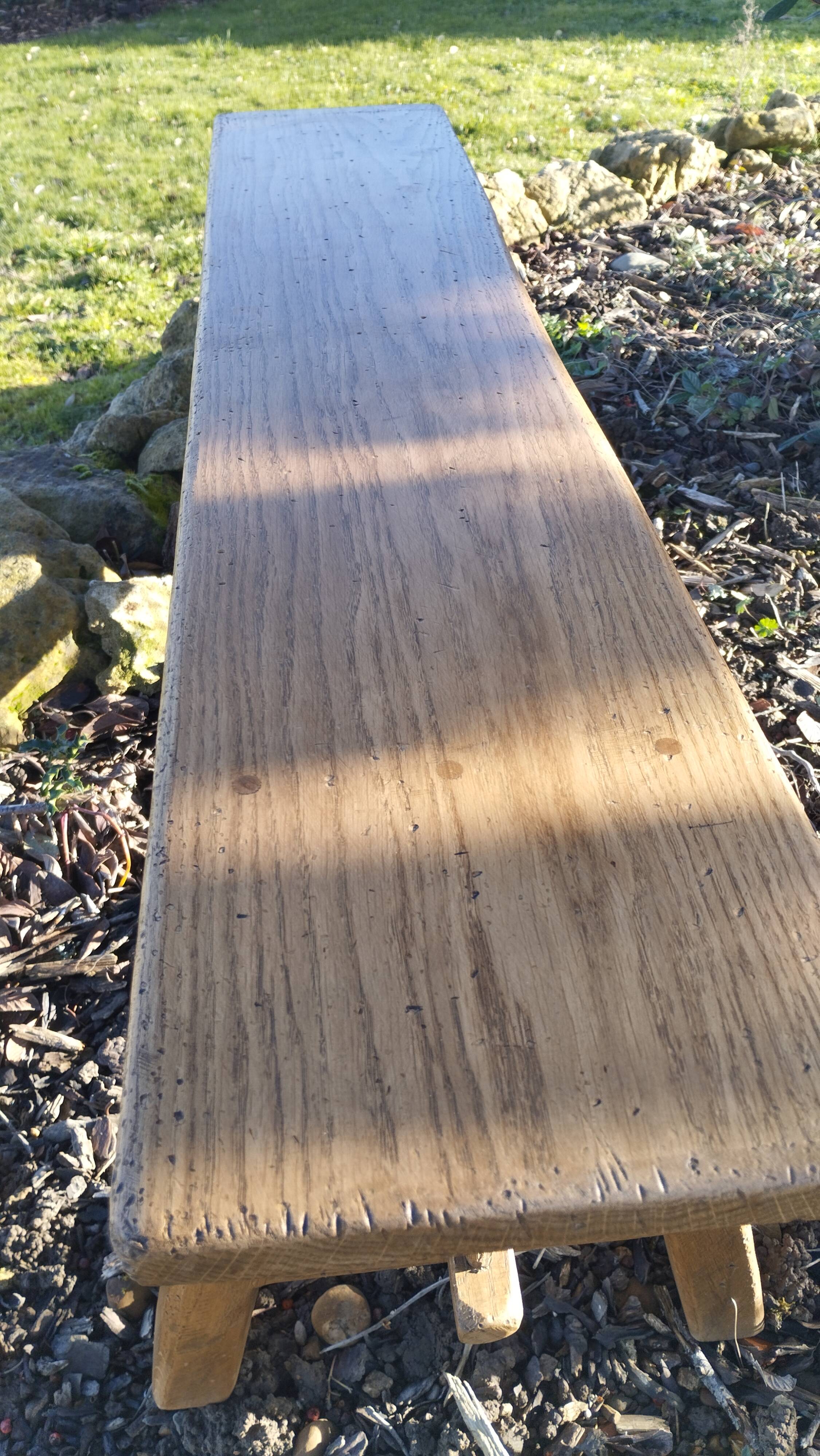 "A frame" bench in solid oak, patinated.