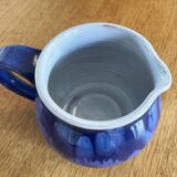 Navy Blue and White German Pitcher Made in Rügen, Drip Glaze Pottery