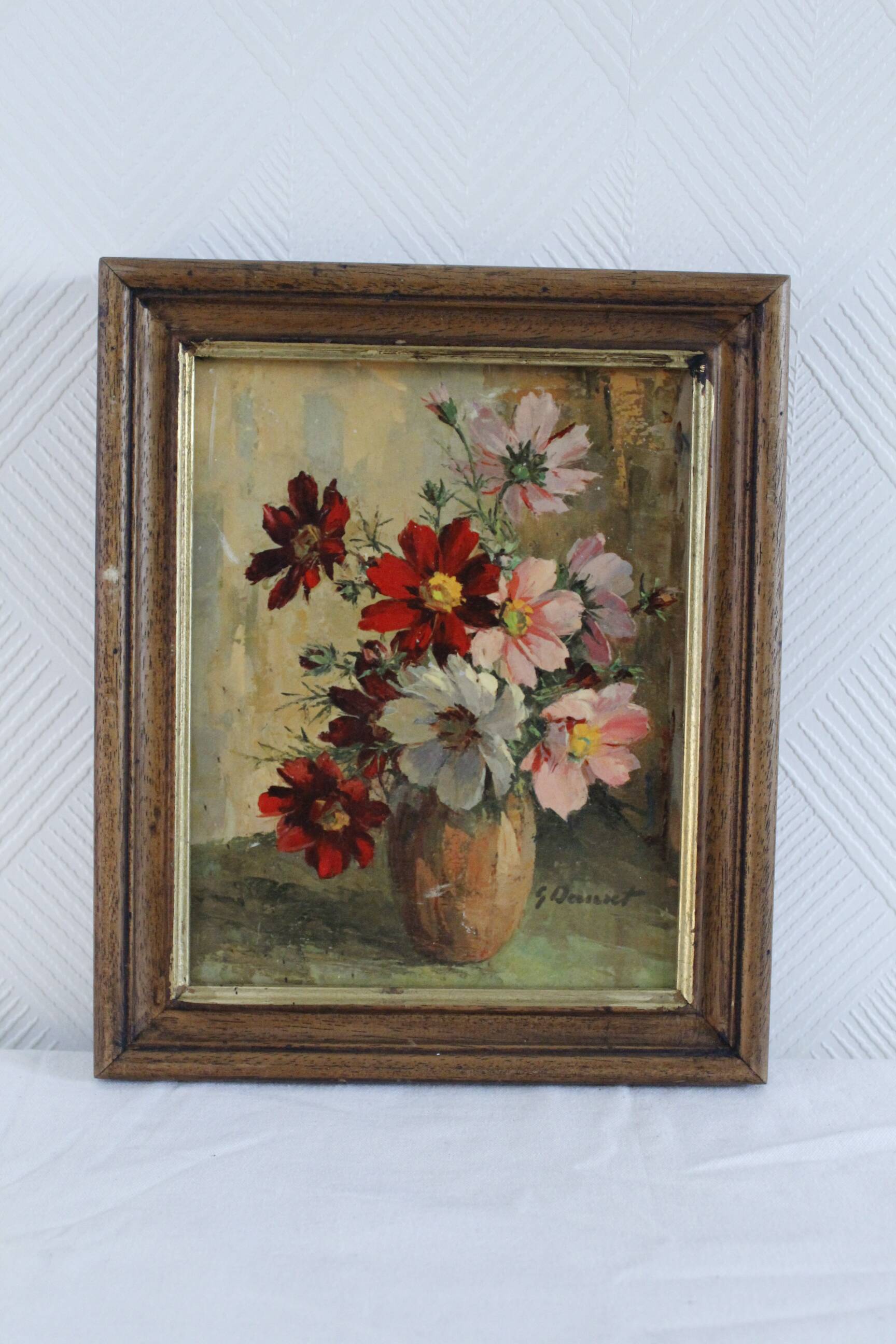 Oil on cardboard signed - still life, bouquet of cosmos