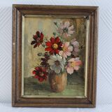 Oil on cardboard signed - still life, bouquet of cosmos