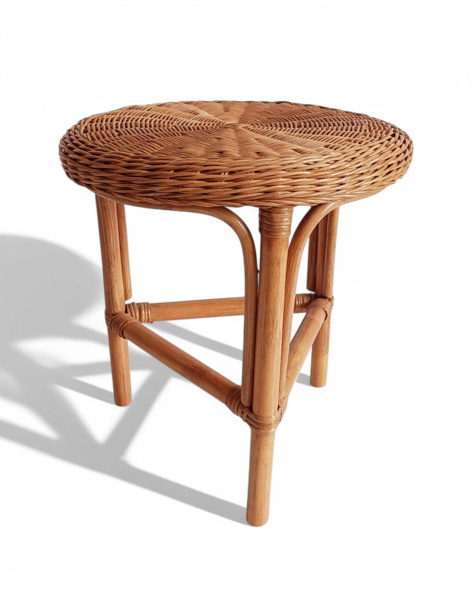1960s Handmade Vintage French Riviera Wicker & Bamboo Side Table