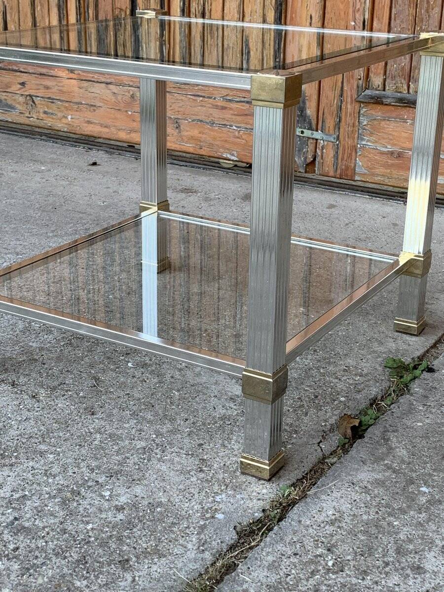 Vintage coffee table in brass and glass, with gold chrome accents — Pierre Vandel, Paris 1970s