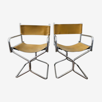 Paire de fauteuils Lafuma en skaï marron 1970